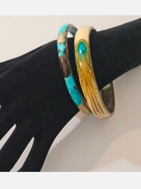Vintage Pair of Brass and Enamel Bracelets